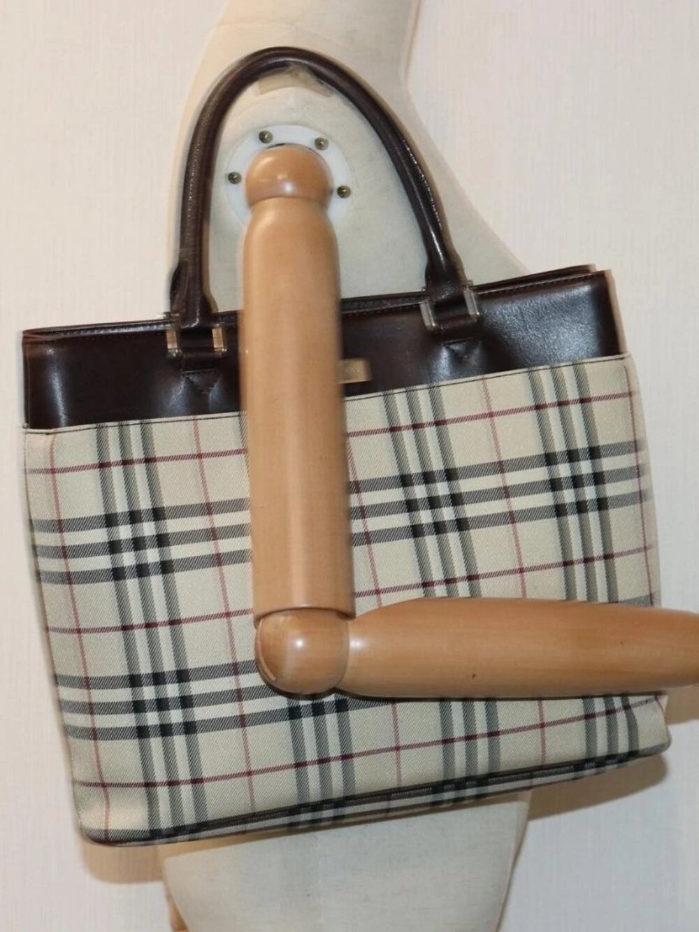 BURBERRY Nova Check Hand Bag Nylon Beige Silver Auth 85862 - Picture 14 of 16